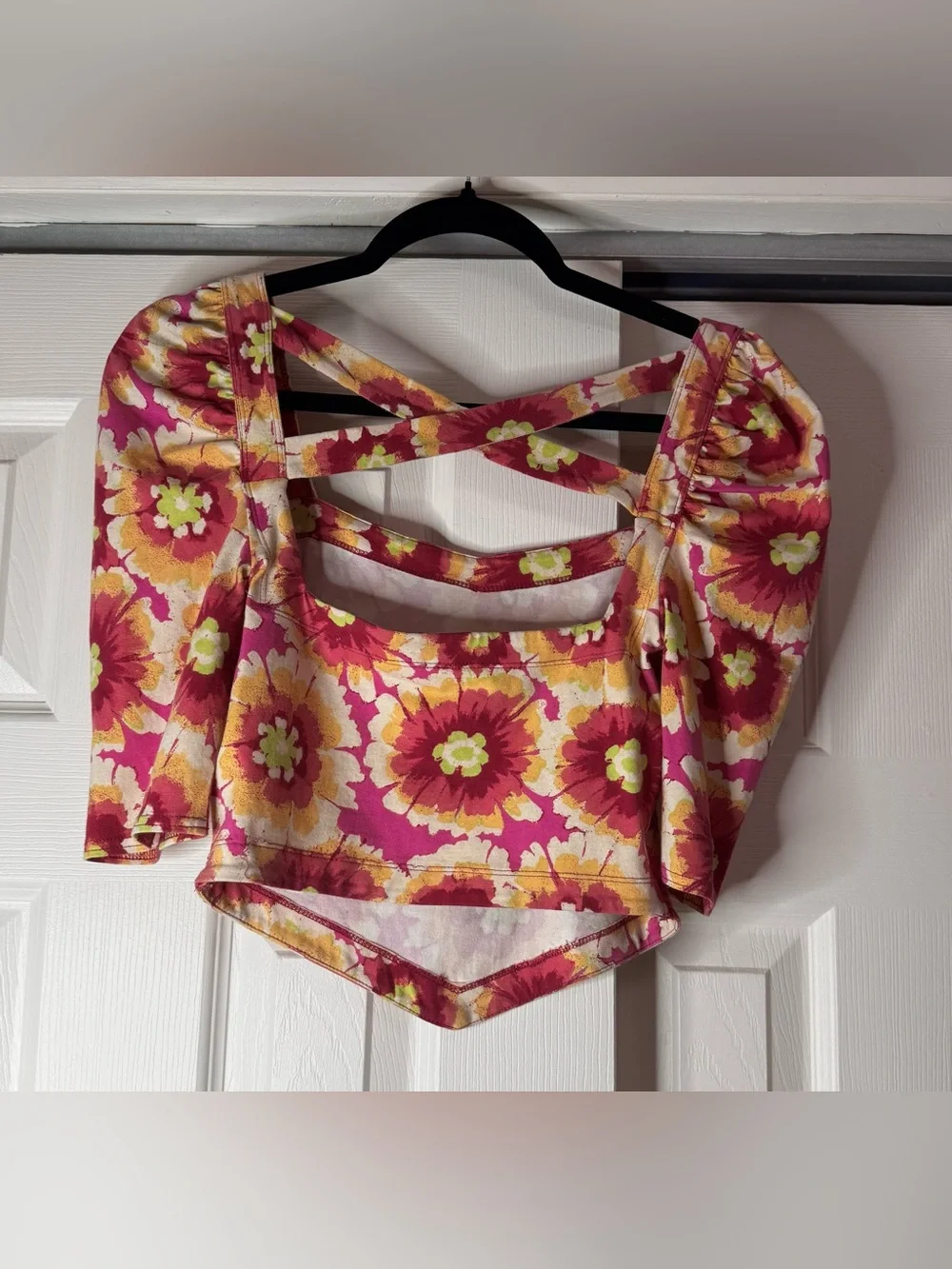 Free People Pink Watercolor Floral Square-Neck Puff Short Sleeve Blouse -Size XS